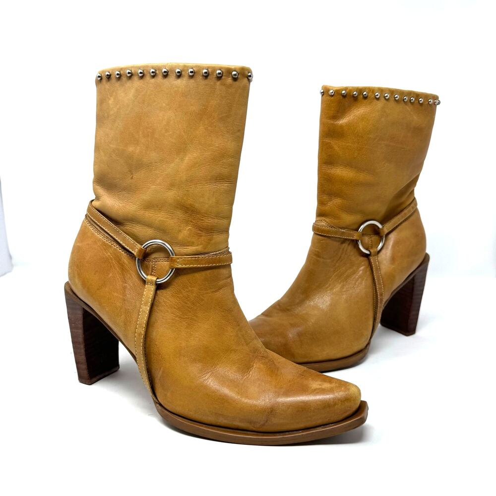 DURANGO Heeled Leather Boots Size 7 Tan Harness Studded VTG Brazil Western Boho